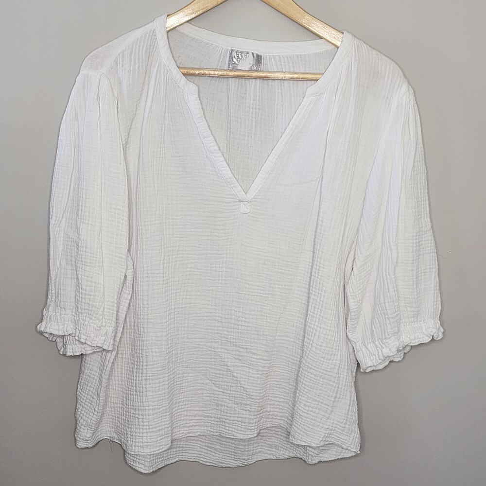 Heros & Dreamers Puff‎ Sleeve White V-Neck Blouse Size M